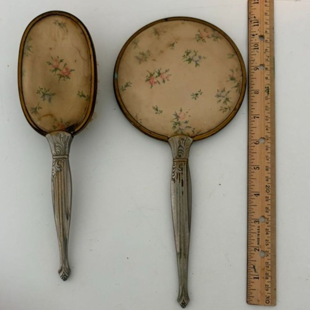 Antique floral fabric inset vanity set (brush/Mirror) with silver handles